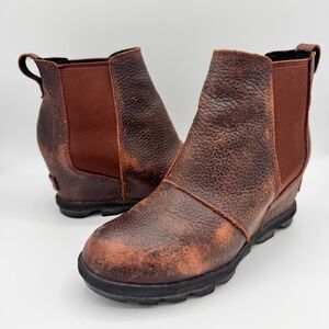 Sorel Women's Joan of Arctic Wedge II Chelsea Boots Brown Leather Size 7.5